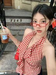 Lunivop  Camis Women Plaid Sleeveless Halter Ruffles Bandage Backless Slim Vintage Sweet Casual Sexy Tank Tops Female Summer
