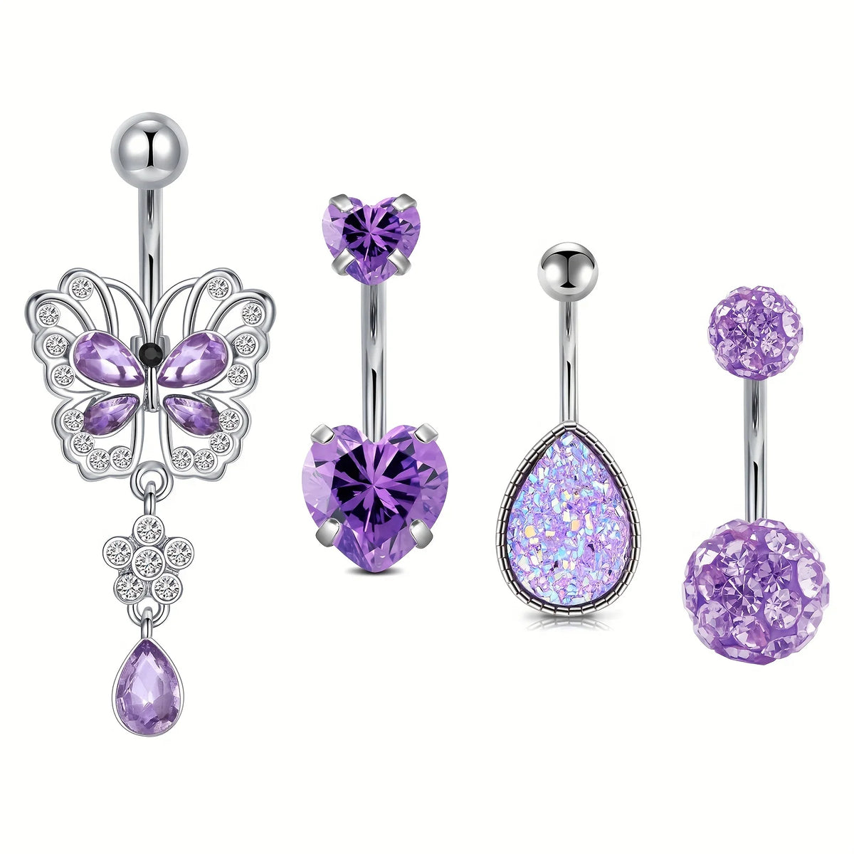 Lunivop  1-4pcs Belly Button Rings, Purple Heart Shaped Butterfly Cubic Zirconia Navel Rings, Body Piercing Jewelry, Holiday Gift