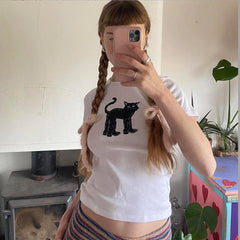 Lunivop Women T-Shirt Funny black Cat Print Slim Graphic Gothic Summer Korean Fashion Cute Baby Tee Harajuku Vintage Women's Streetwear