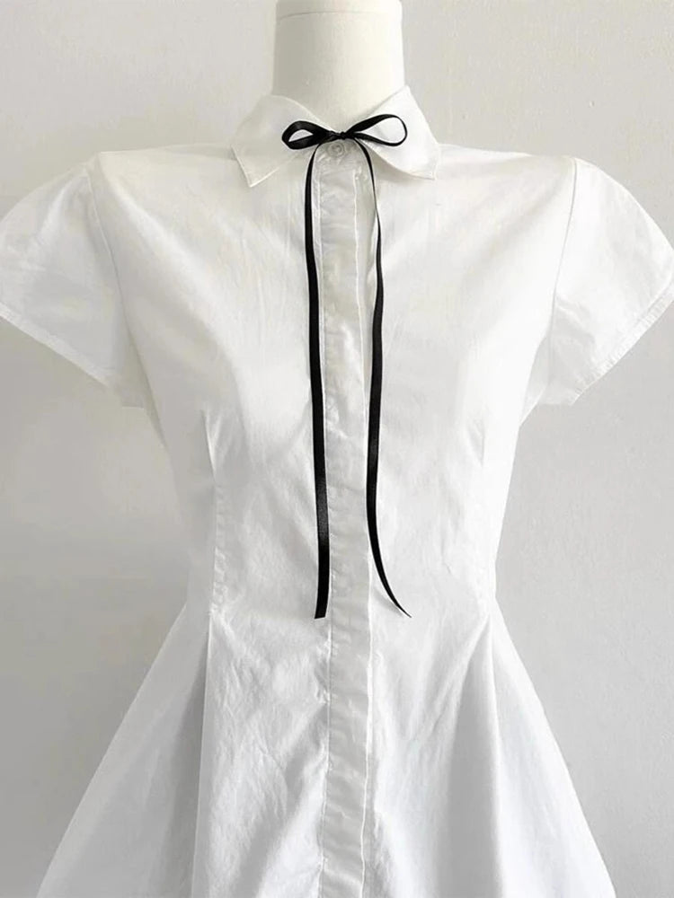 Lunivop  Elegant Bow Women Shirts Summer Short Sleeve White Preppy Style Blouse Tunic Bandage Simple Solid Korean Ladies Tops New