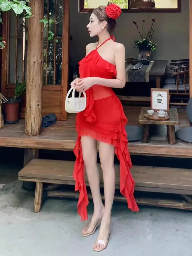 Lunivop  Sexy Dresses Women Irregular Ruffles Sleeveless Halter Mesh Patchwork Slim Backless Elegant Dress Party Female Holiday