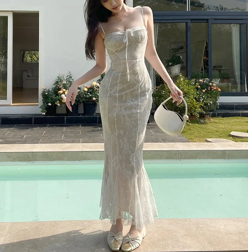 Lunivop Retro Floral White Lace Mermaid Long Dresses for Women Summer Fashion Sexy Backless Spaghetti Strap Split Party Prom Dress