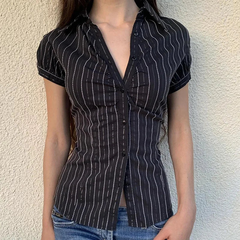 Lunivop Women's Black Lace Striped T Shirt, V-Neck, Button, Elegant Crop Top, Vintage Short Sleeved Cardigans, Women Grunge Korean Tees