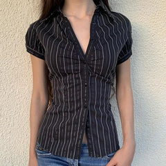 Lunivop Women's Black Lace Striped T Shirt, V-Neck, Button, Elegant Crop Top, Vintage Short Sleeved Cardigans, Women Grunge Korean Tees
