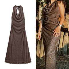 Lunivop  Women's Dress Summer New Metallic Brown Halter Neck Dress Long Dress Sexy Open Back Design Elegant Party Dresses