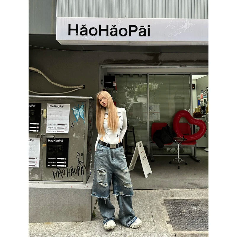 Lunivop Blue High Waist Women Jeans Spliced Design American Fashion Vintage Streetwear Wide Leg Jean Female Trouser Baggy Denim Pants