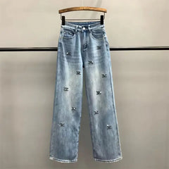 Lunivop  Letter embroidery Hot Diamond Denim Wide leg Trousers Women's New High waisted  Loose Straight leg Jeans Floor length Pants