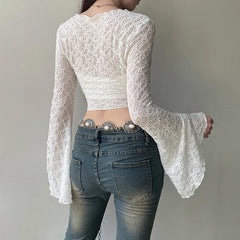 Lunivop  Streetwear y2k Lace Smock T-shirt Solid White Flared Full Sleeve Bandage Cardigan Crop Top Women Vintage 2000s Tees Shirt