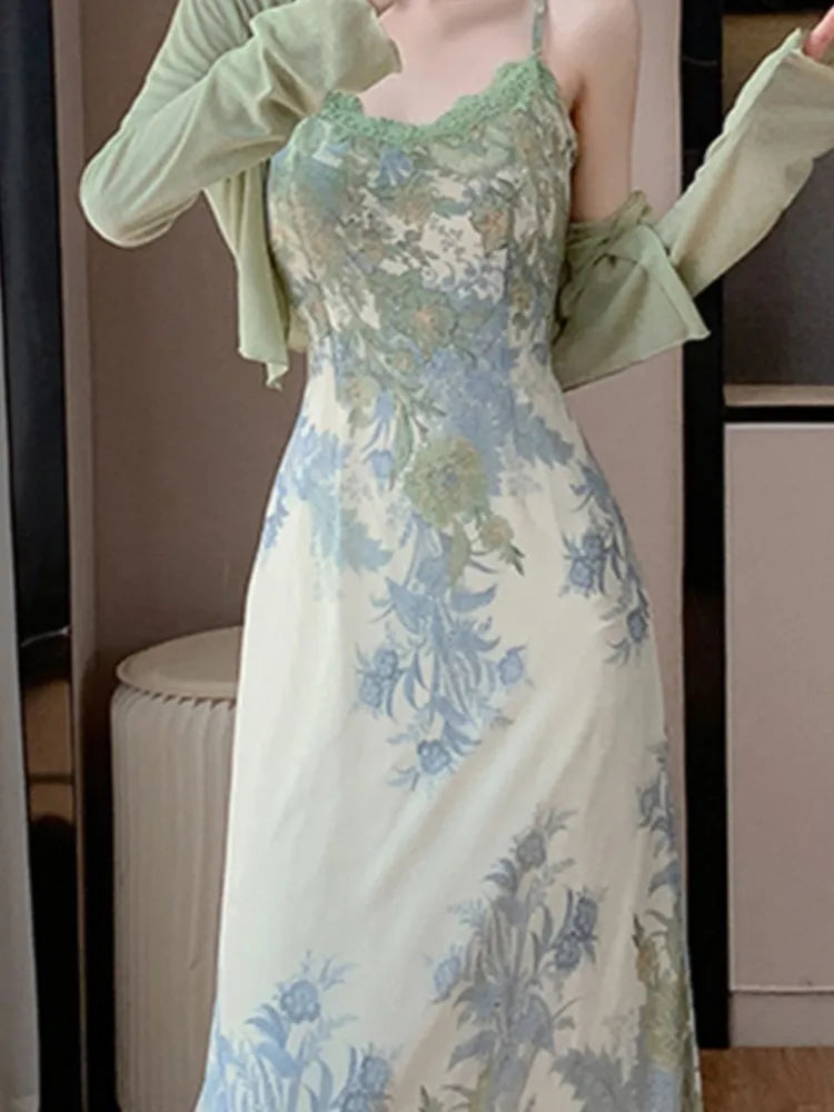 Lunivop Fashion Spring Summer Two Piece Set Women Cardigan Short Top + Retro Jacquard Spaghetti Straps Midi Dress Elegant Party Suits