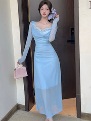 Lunivop  Women Blue Mesh Patchwork Lace Square Collar Long Dress Summer Elegant Casual Dress with Long Sleeve Korean Bodycon Dresses