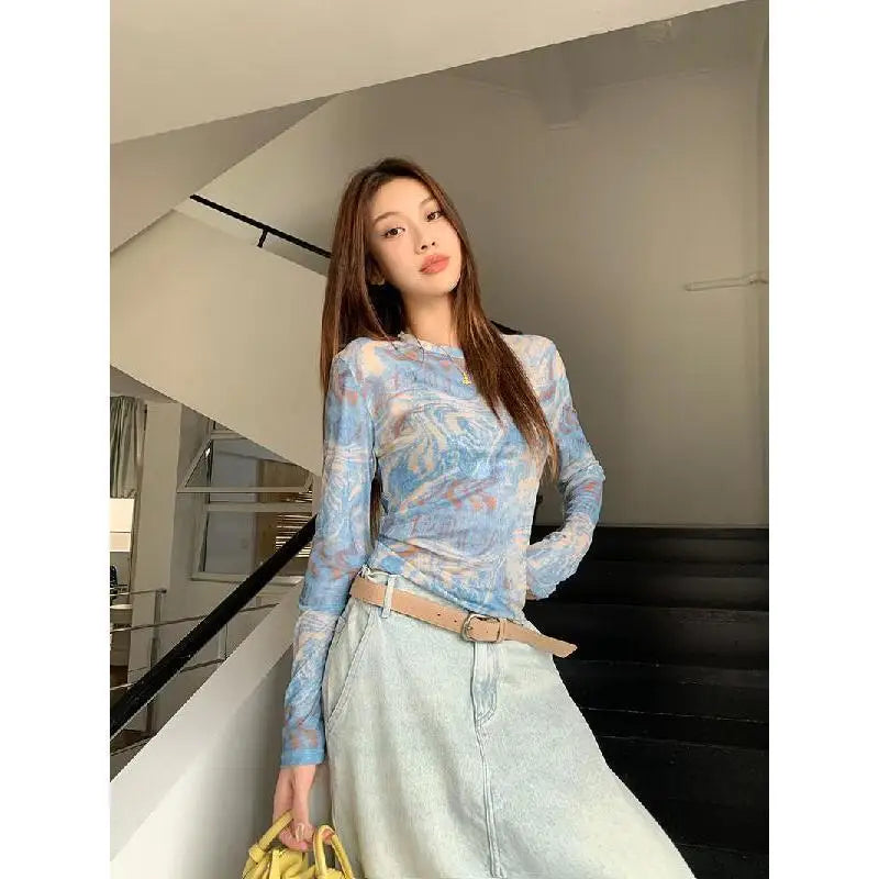 Lunivop  Vintage Tie Dye Printed O-neck Slim Fit Tee Shirt Y2k Thin Mesh Long Sleeved T-shirts Summer New Chic Top for Women