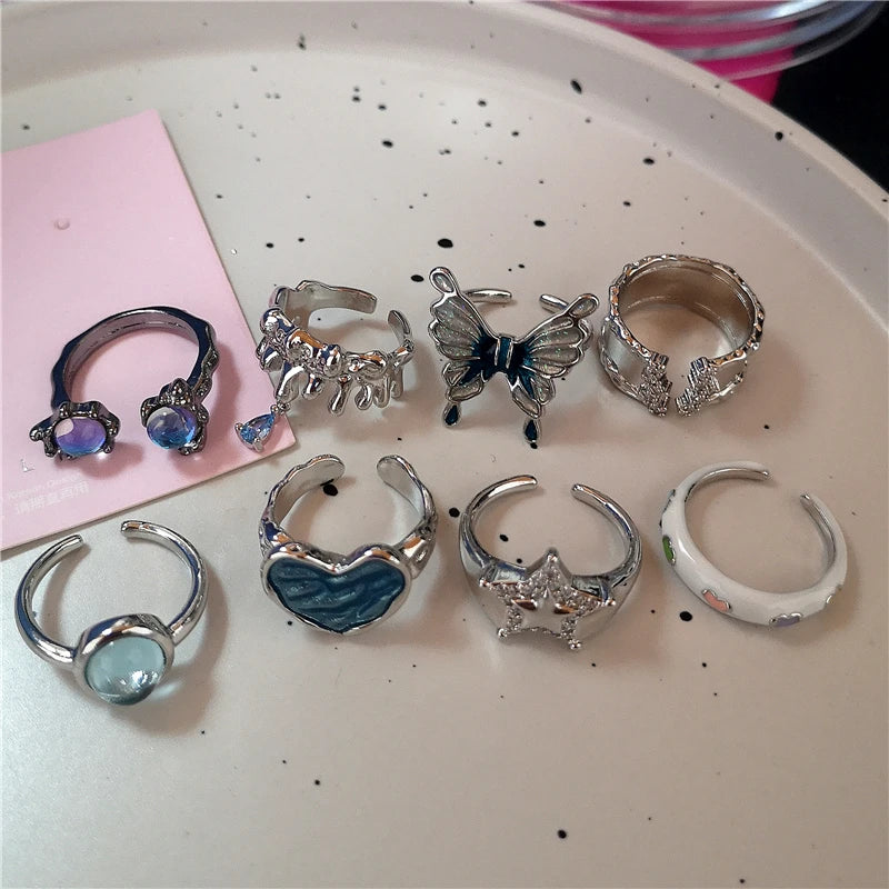 Lunivop Kpop Punk Vintage Irregular Geometry Crystal Heart Star Butterfly Rings For Women Girls Y2k Aesthetic Grunge Jewelry Accessories