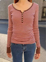 Lunivop  Cute Pink Brown Striped T-shirt Women Buttons O-Neck Cotton Slim Patchwork Long Sleeve Tee Sweet Preppy Style Tshirt Y2K Top New