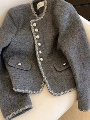 Lunivop Zoki Gray Faux Woolen Coat Women Elegant Slim Vintage Long Sleeve Coat Casual O Neck Korean Retro Female Fall Winter Tops New