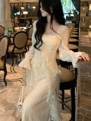 Lunivop  Elegant Solid Ruffles Fairy Dresses Korean Lace Patchwork Slim Waist A Line Dress Women Princess Party Vestidos Female Robe New