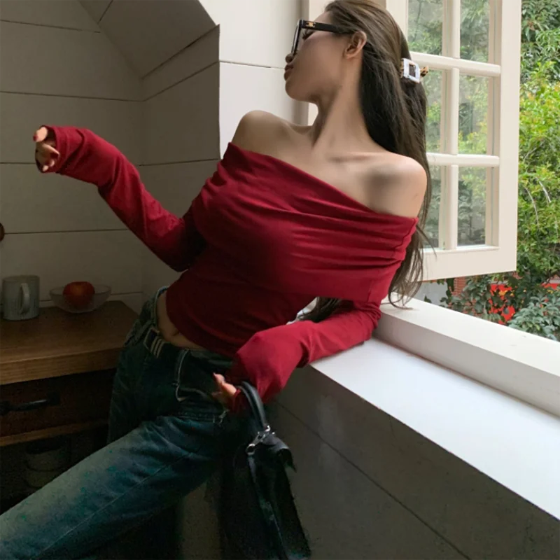 Lunivop Chic Women Sexy Off Shoulder T-shirt Winter Long Sleeve Slim Fit Crop Top Y2K Vintage Harajuku Black Tees Elegant Female Clothes