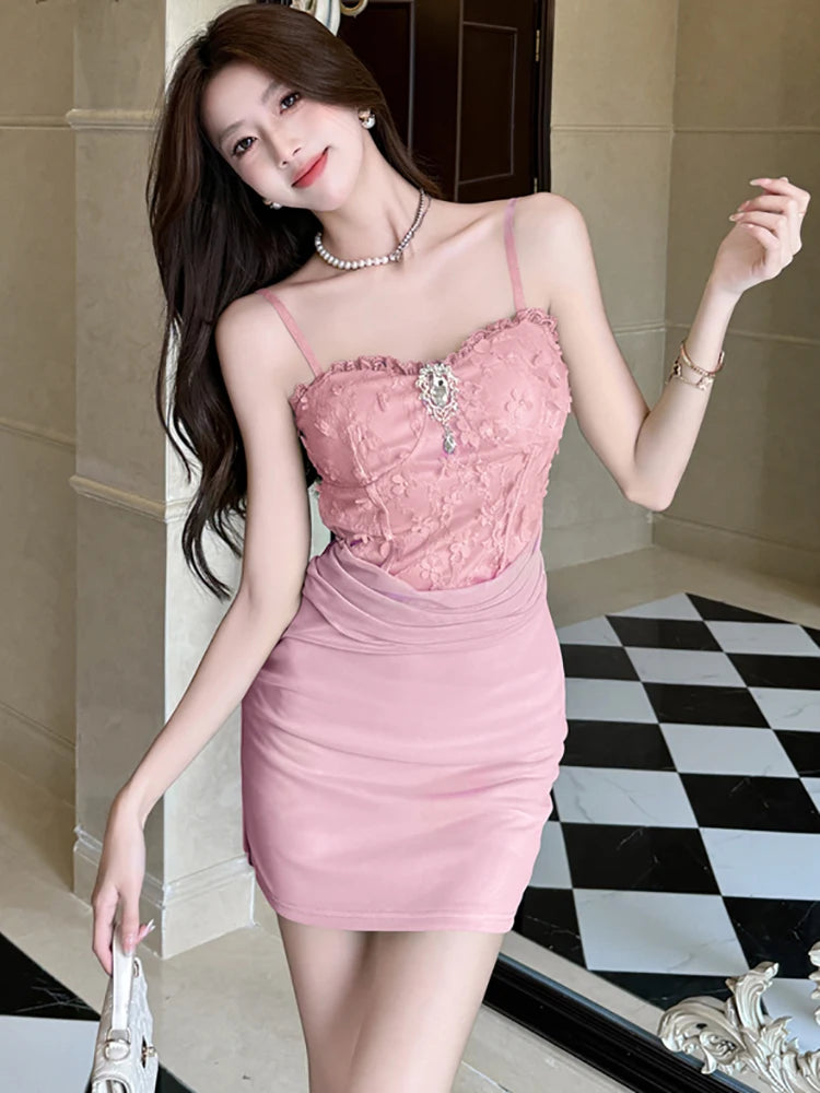 Lunivop  Women Green Patchwork Jacquard Flower Sling Short Dress Summer Elegant Bodycon Hip Wrap Dress Korean Fashion Casual Dresses