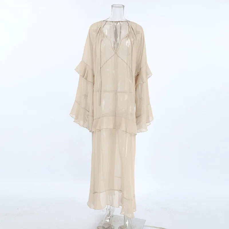 Lunivop Khaki Casual Loose Maxi Dress for Women Sexy See Through Bikini Cover Up Fashion Ruffle Long Sleeve Club Party Outfits 2024