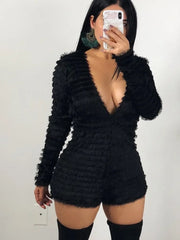 Lunivop  Solid Faux Fur Playsuits Women Sexy Deep V Neck Long Sleeve Backless Slim Casual Furry Rompers Fall Winter Party Clubwear