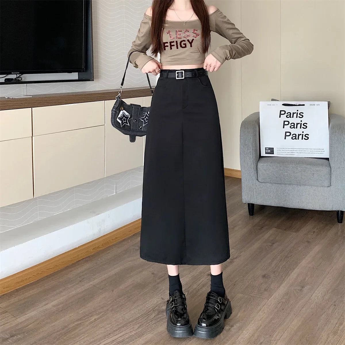 Lunivop High-waisted Slimming Skirt Greysuit Women's Lightweight Casual A- line Medium-length Dress