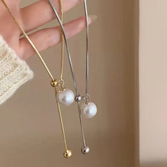 Lunivop Fashion Silver Color Pearl Tassel Necklace For Women Simple Metal Snake Bone Chain Pull Adjustable Sweater Chain Jewelry Gifts