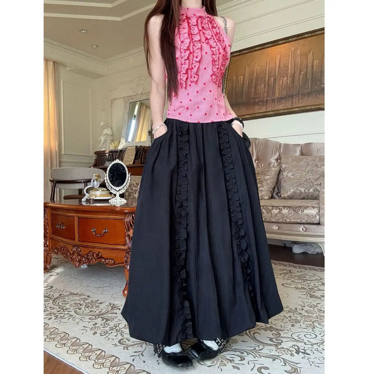 Lunivop Vintage Black Ruffle Skirt Women Japanese Style Gothic Long Skirt Fashion Harajuku Retro Streetwear Skirts Aesthetics