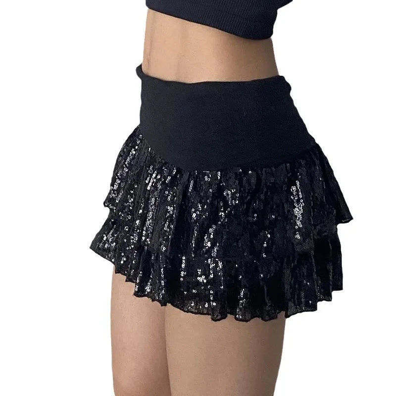 Lunivop Sequins Tiered Mini Skirt Gothic Mid Waist A-line Layered Short Skirts Dark Academia Pleated Skirts Festival Bottoms