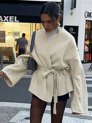 Lunivop Elegant Belt No Collar Apricot Coats Women Chic Loose Long Sleeved Short Jackets Lady Autumn Winter High Street Outwear Tops