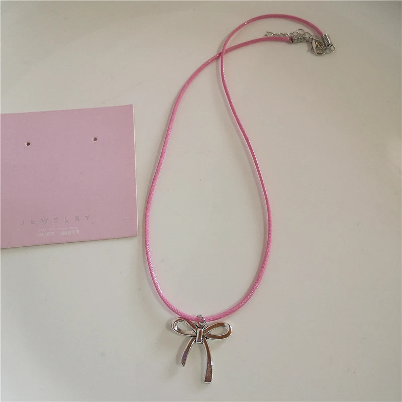 Lunivop Gothic Cute Y2K Stainless Steel Bow Heart Pink Cross Pendant Beaded Pearl Snake Chain Necklace For Egirl 2000s EMO Acssesories