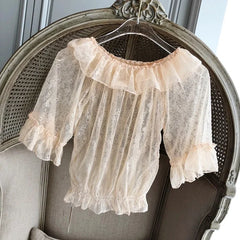 Lunivop  Japanese Lolita Style Summer Women Cute Shirt Ruffled Collar White Black Pink Hollow Out Mesh Blouse Kawaii Floral Lace Crop Top