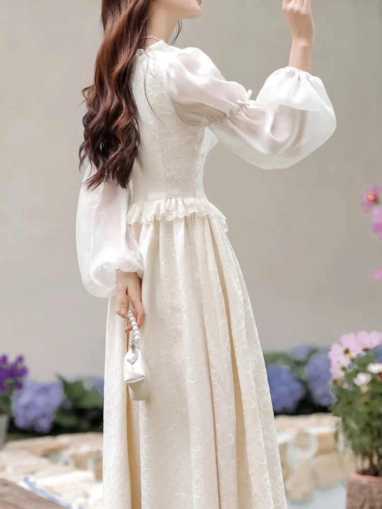 Lunivop  French Fairy Lantern Sleeve Midi Dress for Women Summer Elegant Retro Slim Sweet Party One Piece Dress Korean Casual Clothes