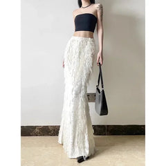 Lunivop Korean High Waist Solid Color All-match Mid-length Skirt Women Winter New Streetwear Tassel Stitching Casual A-line Skirt