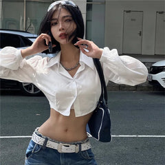 Lunivop   Sexy Puff Long Sleeve Fashion Casual Solid Slim V-neck Hollow Out Crop Tops Y2K Summer New Sweet Cute Streetwear Camis