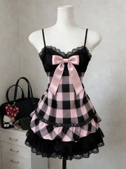 Lunivop  Vintage Harajuku Sweet Kawaii Women Slim Plaid Spaghetti Strap Dress Bow Lace Trim Layered Ruffle Cake Skirt Y2k Cute Outfits