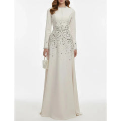 Lunivop  Luxury Crystal Evening Dress Customized O-Neck Long Sleeves A Line Floor Length Elegant Prom Gown Formal Party Dresses
