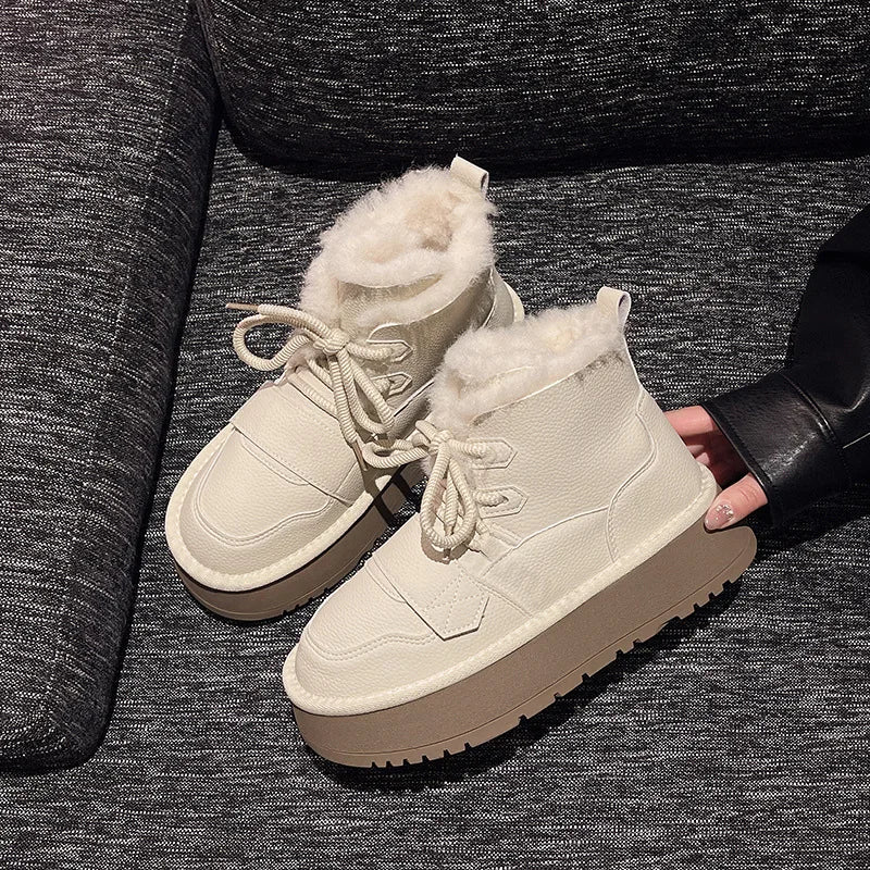 Lunivop Women's Snow Boots Winter Plush Warm Cotton Shoes Fashion Lacing Thick Soled Short Boots Height Increase Cold Proof Cotton Boots