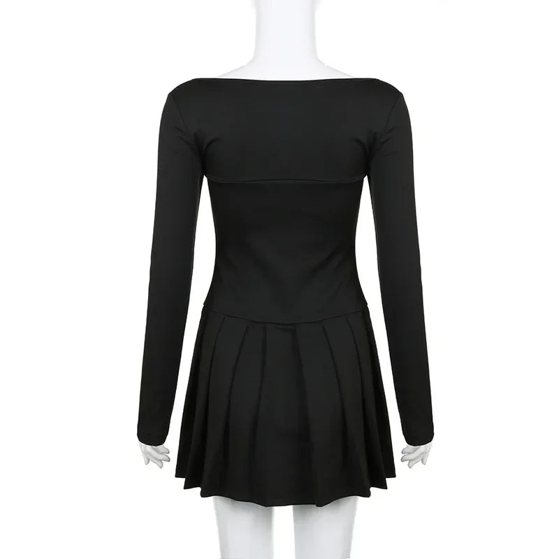 Lunivop Women Sweet Lace Trim Bow Pleated Dress Mini Coquette Korean Fashion Square Neck Autumn Dress Clothes Kawaii Lolita