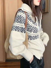 Lunivop Print Retro Zipper Cardigan Women Loose Turtleneck Long Sleeve Korean Knitted Sweaters Vintage Female Casual Sweet Tops New