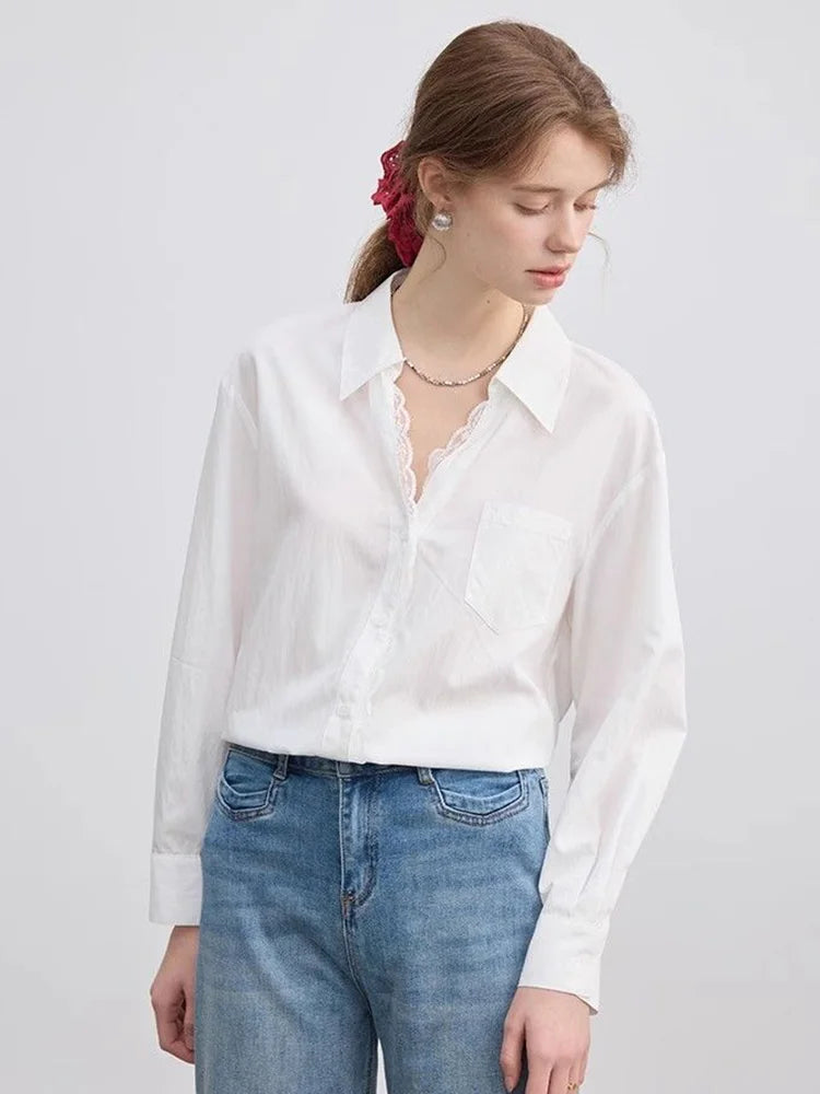 Lunivop Lace Patchwork White Shirt Women Elegant Long Sleeve Vintage Blouse American Casual Autumn Female Sweet Pocket Retro Tops