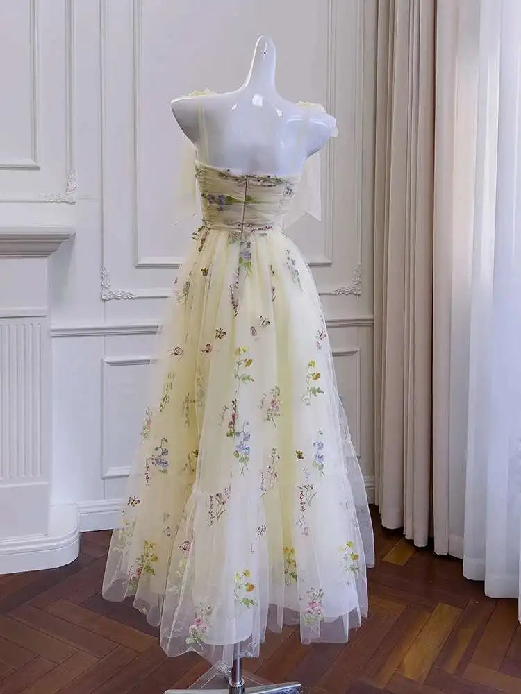 Lunivop Embroidered Mesh Strapless Dresses For Women Slash Collar High Waist Thin Elegant Dress Female Spring 2025 New