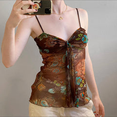 Lunivop  Retro Mesh Floral Print Camis Sexy See Through Sleeveless Crop Top y2k Vintage Ruffles Tee Summer Holiday Transparent Top