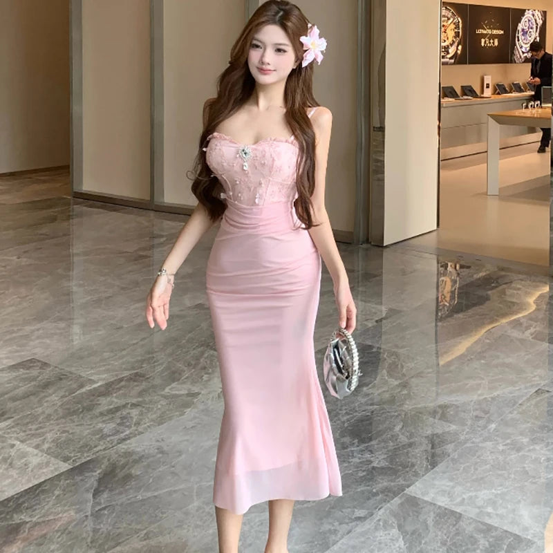 Lunivop  Women Pink Mesh Patchwork Jacquard Diamonds Sling Long Dress Summer Elegant Casual Holiday Dress Korean Bodycon Party Dress