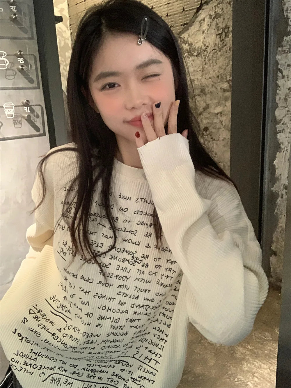 Lunivop Y2K Women Shoulder Long Sleeve Letter Printed T-shirt  Round Neck T-Shirts Korean Autumn Vintage  Long Sleeve Knit  Fashion Tops