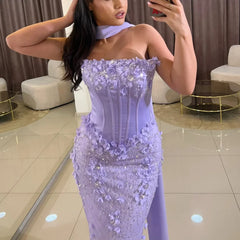 Lunivop  Lilac Evening Dress Strapless Corset Lace Applique Straight Evening Gowns with Scarf Elegant Long Formal Party Gown