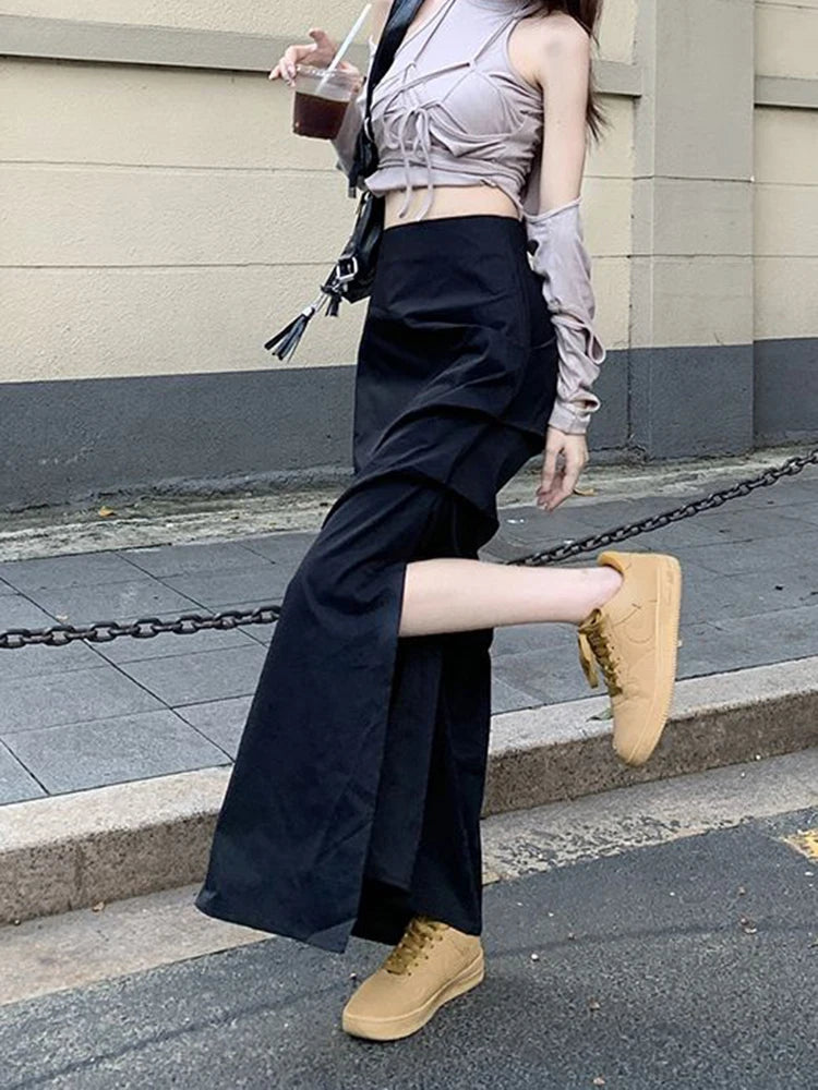 Lunivop  Streetwear Retro Cargo Long Skirts Women High Waist Casual Y2K Slit Skirt American Harajuku Vintage Design Lady Slim Skirts