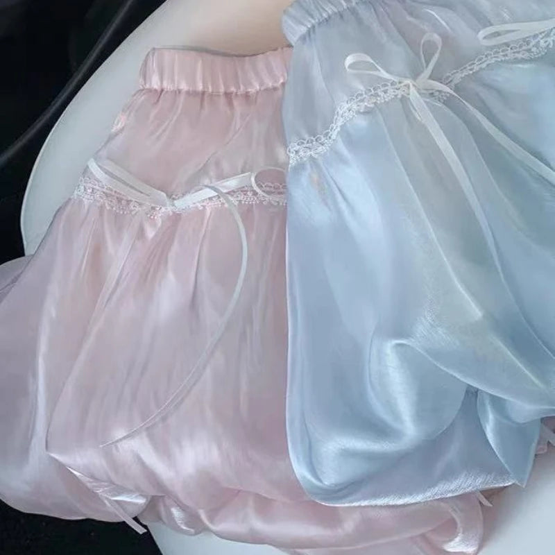 Lunivop Fairycore Sweet Mini Skirt Women Pink Y2k Coquette Elegant Bow Short Skirts Kawaii Lace Patchwork Puffy Ruffle Skirts