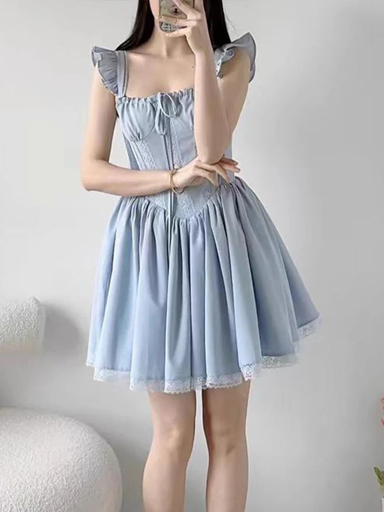 Lunivop  Sweet French Blue Dress Women Elegant Lace Patchwork Retro Sexy Mini Dress Casual Square Collar Flying Sleeve Vestidos New