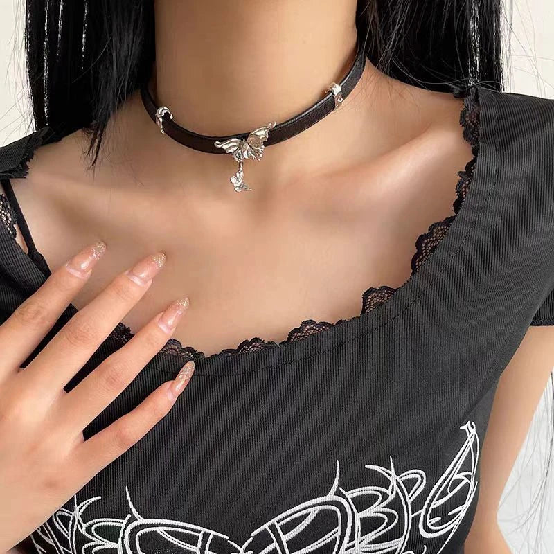 Lunivop Punk Vintage Cool Metal Butterfly Black Leather Necklace For Women Fashion Trendy Y2K Goth Jewelry Scene Grunge Neck Accessories