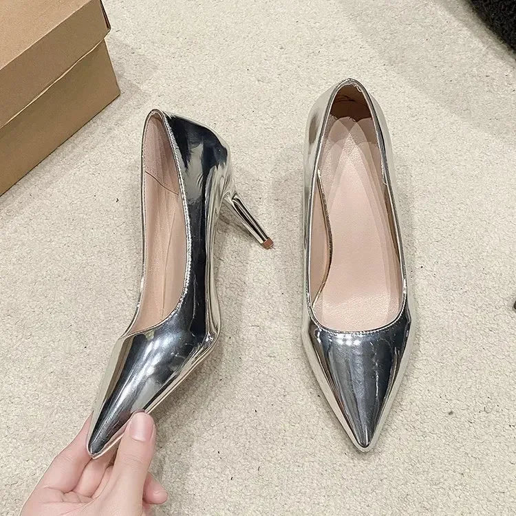 Lunivop Soft Leather Sliver Gold High Heels 8/10cm Shoe Fashion Women Pumps Pointed Toe Slip-on Office Woman Wedding Shoes Large Size 43