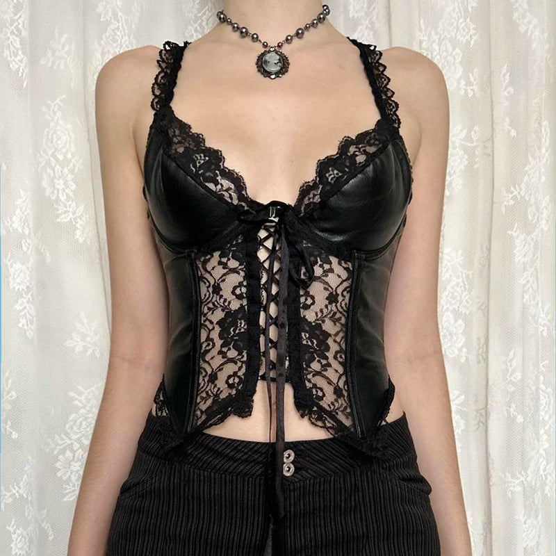 Lunivop  Punk Sexy Bandage PU Vest Clubwear See Through Lace Patchwork Leather Crop Top Women Summer Skinny Corset Top Gothic Tees